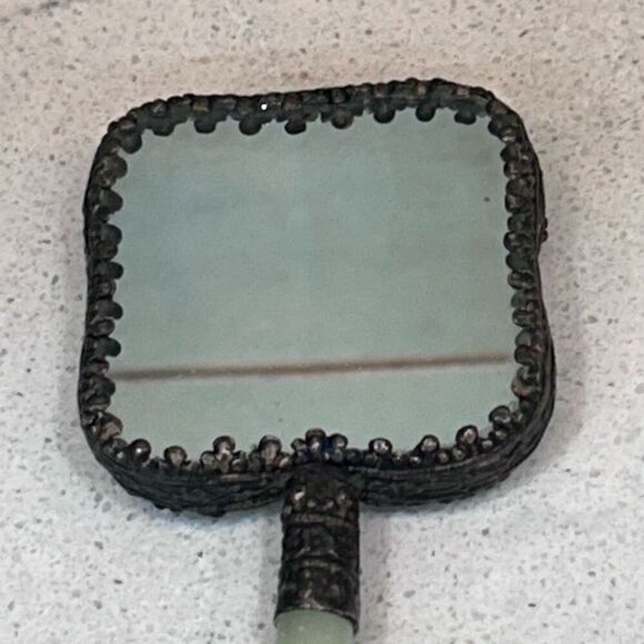 Vtg Chinese Hand Mirror Rounded Corner Squircle W/ Jade Handle & Porcelain Back - Picture 8 of 15